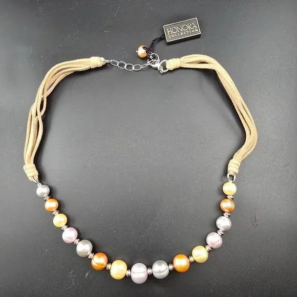 NWT Honora Multi-Color Cultured  Pearl Necklace Tan Cord Adjustable Box & Bag - Picture 4 of 10